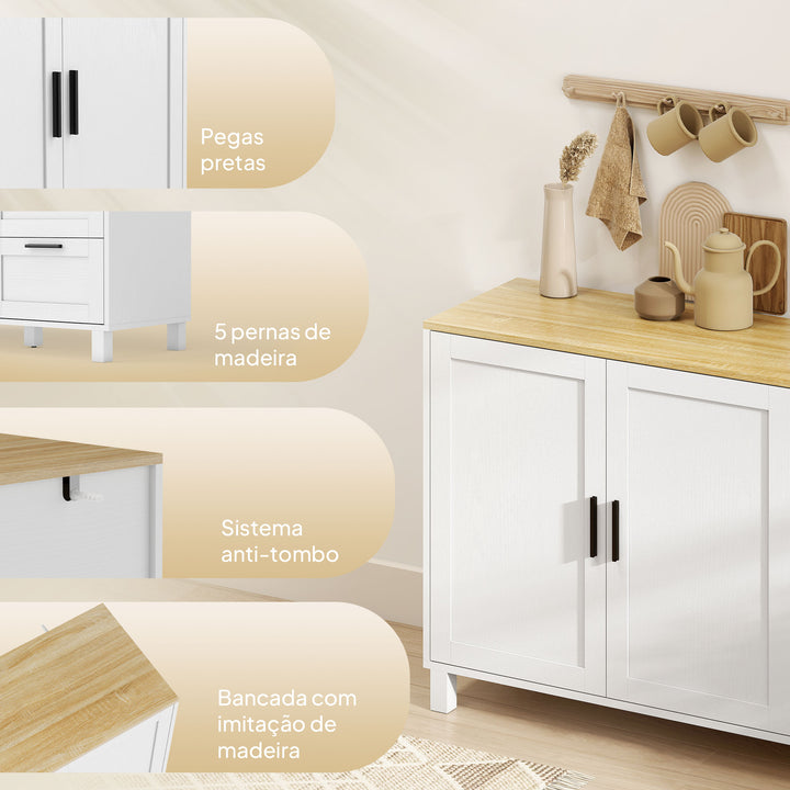 Aparador com 2 Portas Moderno para Sala de Estar com 3 Gavetas Prateleira Ajustável e Pernas de Madeira para Sala de Jantar Entrada, Quarto 120x38x76 cm Branco