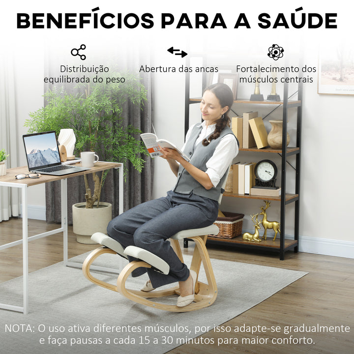 Cadeira Ergonómica de Joelhos com Encosto Almofadas Acolchoadas Estrutura de Madeira para Melhor Postura Escritório 51x84x93 cm Creme