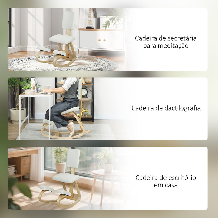 Cadeira Ergonómica de Joelhos com Encosto Almofadas Acolchoadas Estrutura de Madeira para Melhor Postura Escritório 51x84x93 cm Creme