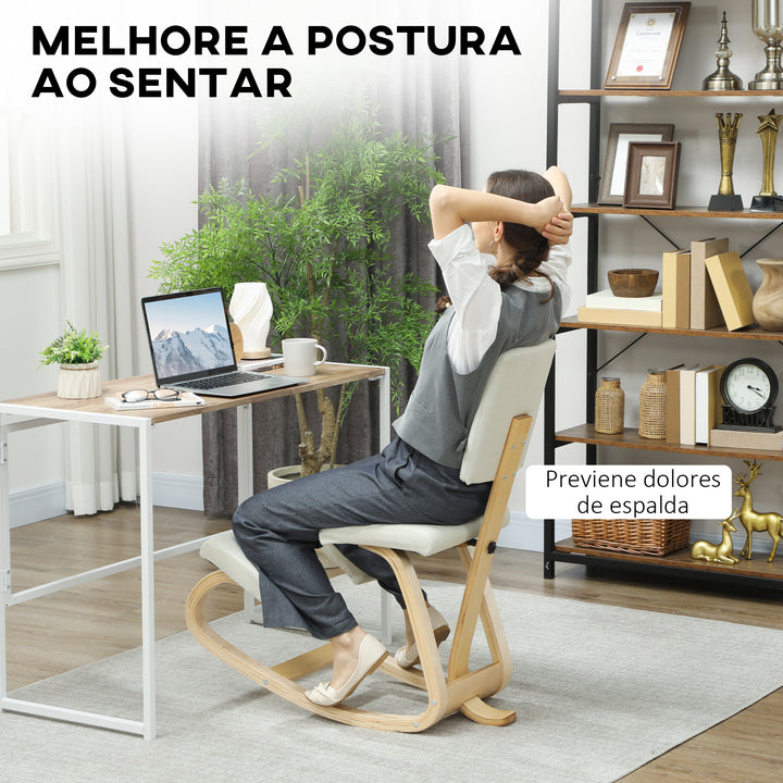 Cadeira Ergonómica de Joelhos com Encosto Almofadas Acolchoadas Estrutura de Madeira para Melhor Postura Escritório 51x84x93 cm Creme