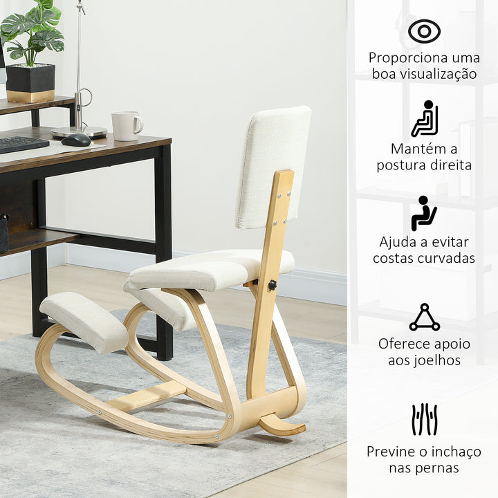 Cadeira Ergonómica de Joelhos com Encosto Almofadas Acolchoadas Estrutura de Madeira para Melhor Postura Escritório 51x84x93 cm Creme