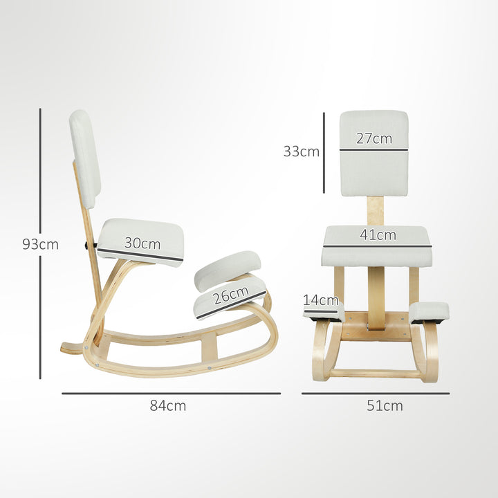 Cadeira Ergonómica de Joelhos com Encosto Almofadas Acolchoadas Estrutura de Madeira para Melhor Postura Escritório 51x84x93 cm Creme