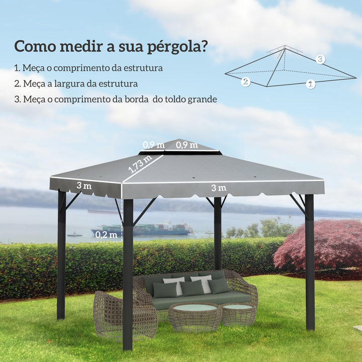 Toldo de Substituição para Pérgola 300x300 cm Teto de Substituição para Pérgolas Exterior com Duplo Teto e 8 Orifícios de Drenagem Cinza Claro