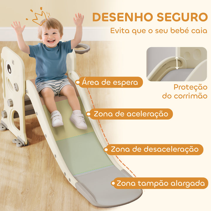 Escorrega Infantil 3 em 1 Escorrega para Crianças dos 2 aos 5 Anos Dobrável com Escada Cesto de Basquetebol Desenho de Dinossauro e Fivelas Reforçadas para Interior 146x52x65 cm Creme e Cinza
