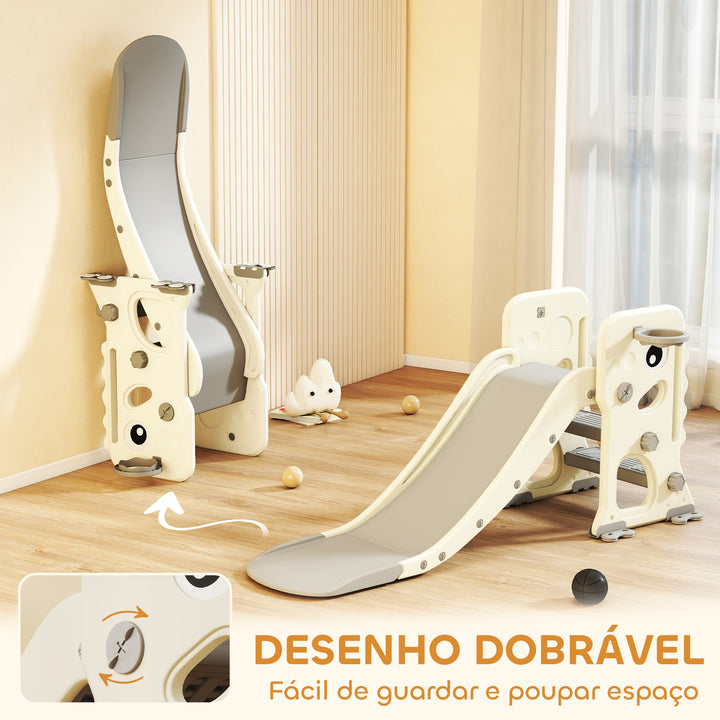 Escorrega Infantil 3 em 1 Escorrega para Crianças dos 2 aos 5 Anos Dobrável com Escada Cesto de Basquetebol Desenho de Dinossauro e Fivelas Reforçadas para Interior 146x52x65 cm Creme e Cinza