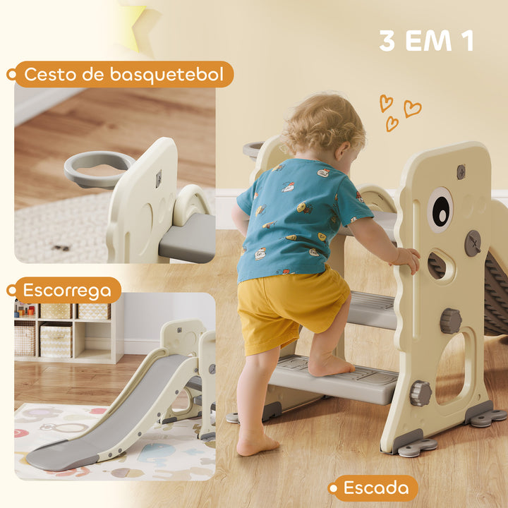 Escorrega Infantil 3 em 1 Escorrega para Crianças dos 2 aos 5 Anos Dobrável com Escada Cesto de Basquetebol Desenho de Dinossauro e Fivelas Reforçadas para Interior 146x52x65 cm Creme e Cinza