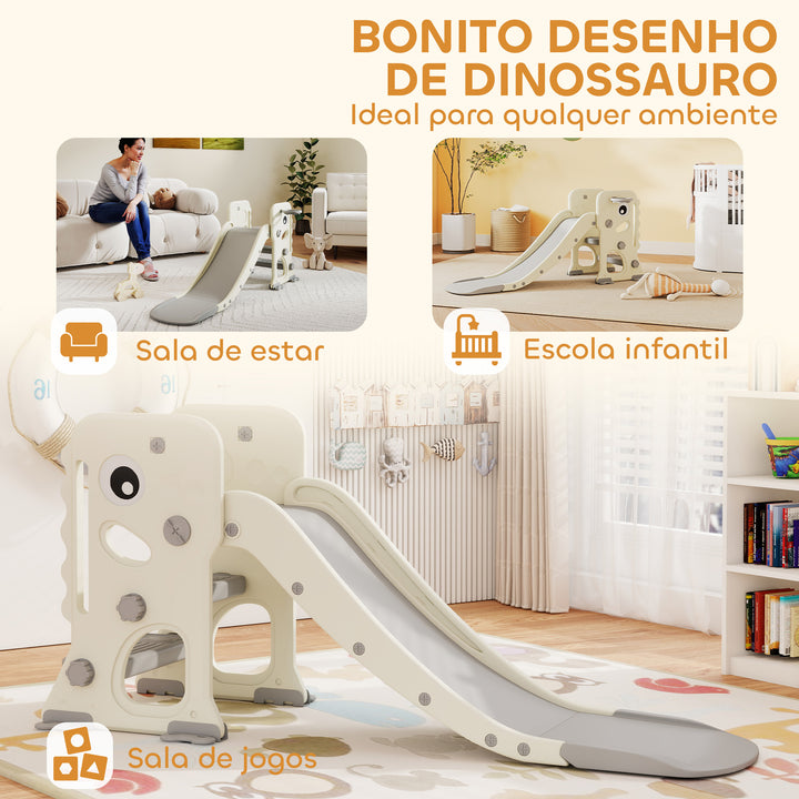 Escorrega Infantil 3 em 1 Escorrega para Crianças dos 2 aos 5 Anos Dobrável com Escada Cesto de Basquetebol Desenho de Dinossauro e Fivelas Reforçadas para Interior 146x52x65 cm Creme e Cinza