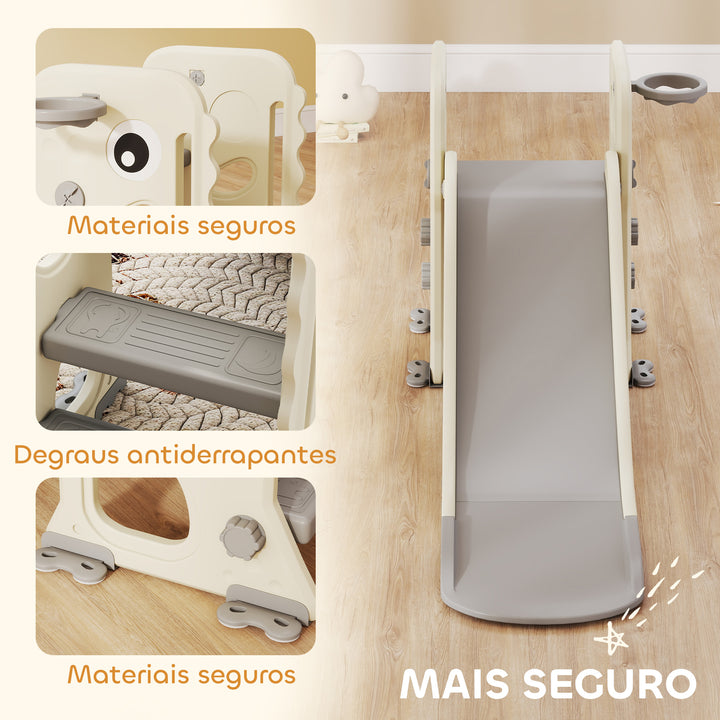 Escorrega Infantil 3 em 1 Escorrega para Crianças dos 2 aos 5 Anos Dobrável com Escada Cesto de Basquetebol Desenho de Dinossauro e Fivelas Reforçadas para Interior 146x52x65 cm Creme e Cinza