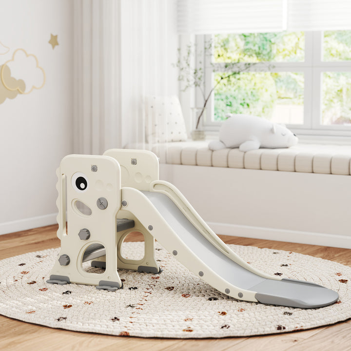 Escorrega Infantil 3 em 1 Escorrega para Crianças dos 2 aos 5 Anos Dobrável com Escada Cesto de Basquetebol Desenho de Dinossauro e Fivelas Reforçadas para Interior 146x52x65 cm Creme e Cinza