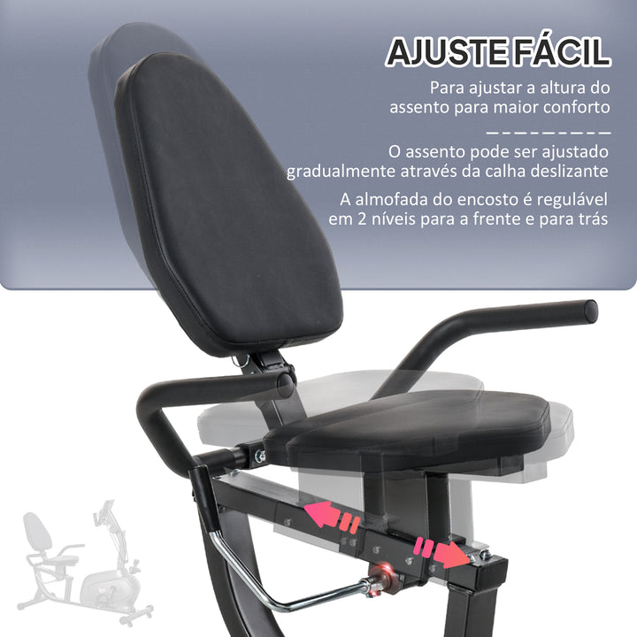 Bicicleta Estática com Encosto 8 Níveis de Resistência Bicicleta Estática Reclinada com Banco Ajustável Ecrã LCD e Suporte para Telemóvel para Treinos de Recuperação 121-142x62x101 cm Preto