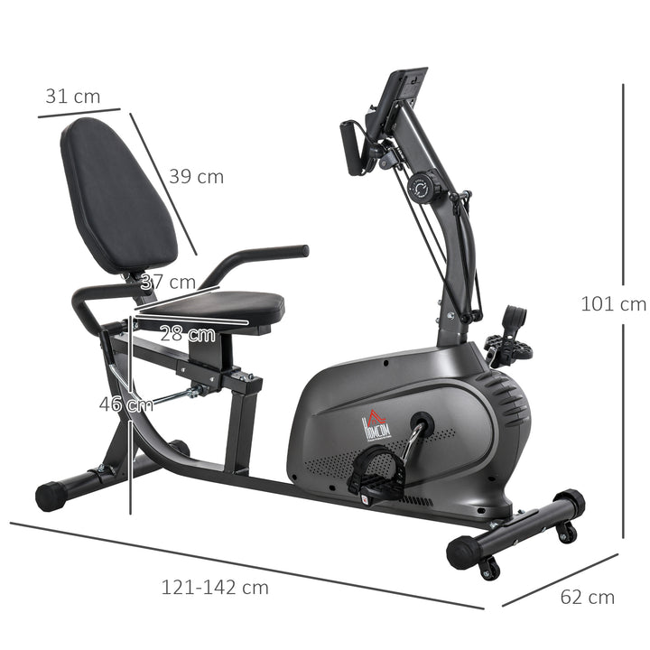 Bicicleta Estática com Encosto 8 Níveis de Resistência Bicicleta Estática Reclinada com Banco Ajustável Ecrã LCD e Suporte para Telemóvel para Treinos de Recuperação 121-142x62x101 cm Preto