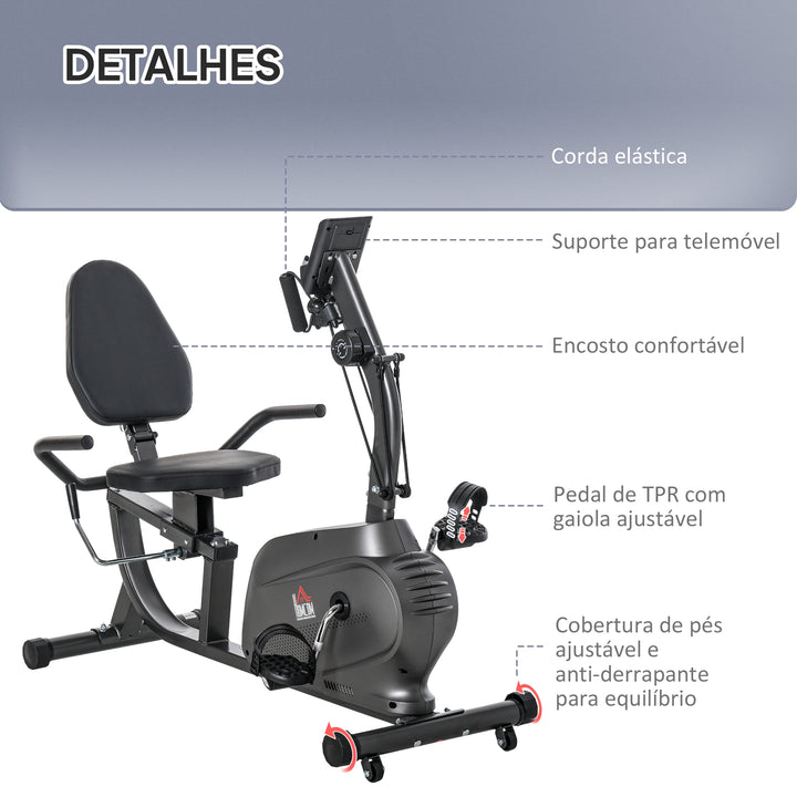 Bicicleta Estática com Encosto 8 Níveis de Resistência Bicicleta Estática Reclinada com Banco Ajustável Ecrã LCD e Suporte para Telemóvel para Treinos de Recuperação 121-142x62x101 cm Preto