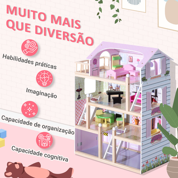 Casinha de Bonecas para Brincar - Cor-de-Rosa e Branco - Madeira - 60 x 30 x 80 cm