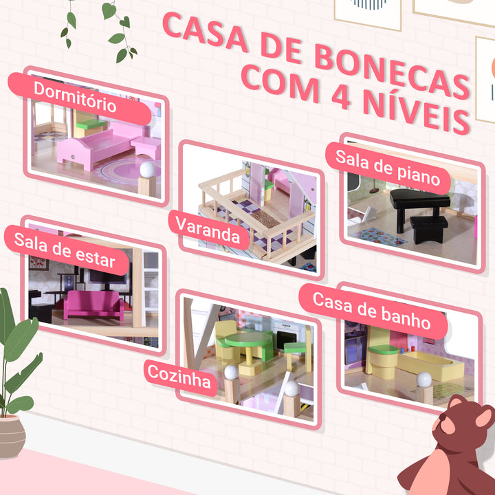Casinha de Bonecas para Brincar - Cor-de-Rosa e Branco - Madeira - 60 x 30 x 80 cm