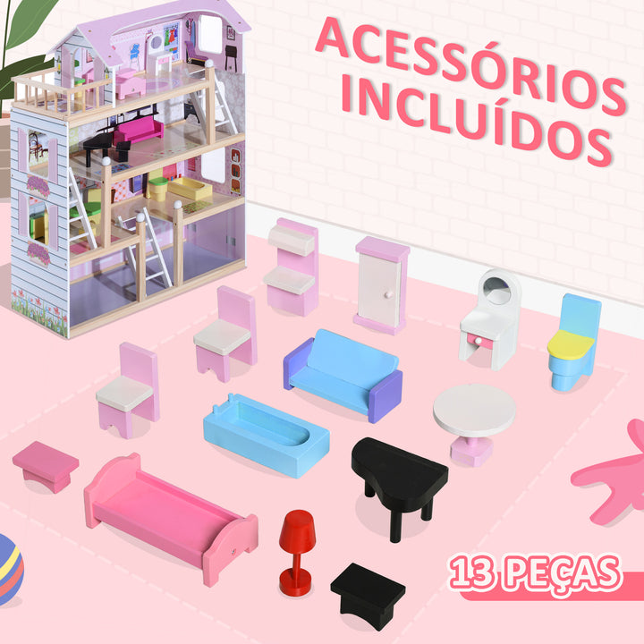 Casinha de Bonecas para Brincar - Cor-de-Rosa e Branco - Madeira - 60 x 30 x 80 cm