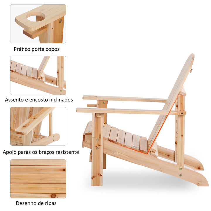 Cadeira Adirondack de Madeira Cadeira de Jardim com Apoio para os Braços Encosto Alto para Terraço Balcão Exterior 72,5x97x96cm Natural