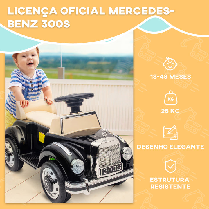Carro Andador com Licença da Mercedes-Benz 300S Carro Andador para Crianças de 18-48 Meses com Armazenamento Volante Sistema Anti-Tombo Carga 25 kg 77,5x41,5x45 cm Preto