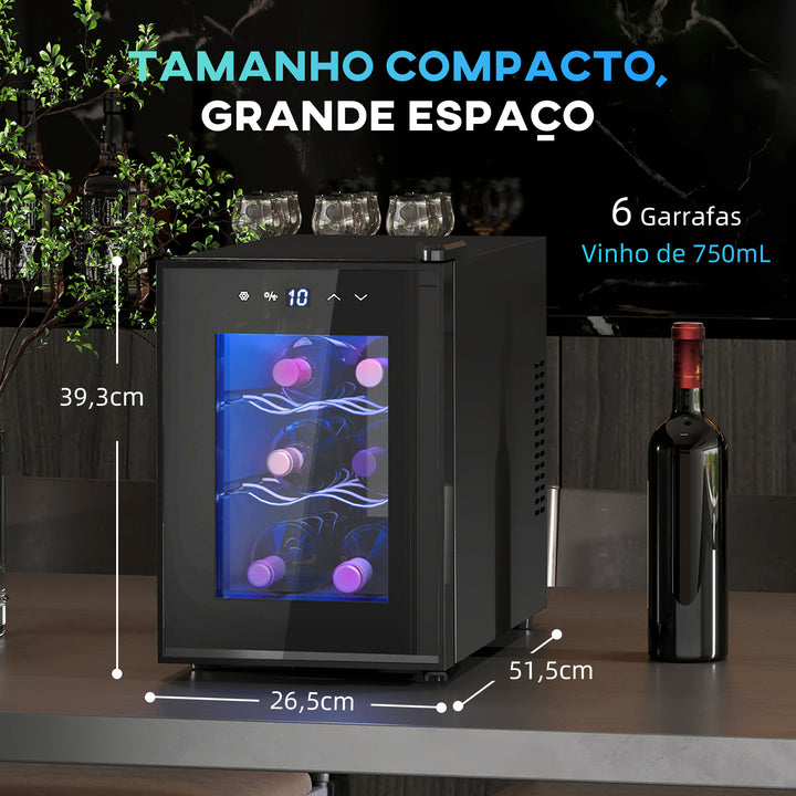 Cave de Vinho para 6 Garrafas com Luz LED Interior Ecrã Tátil Digital Controlo de Temperatura Porta de Vidro Temperado com Proteção UV e 2 Prateleiras Ajustáveis 26,5x51,5x39,3 cm Preto