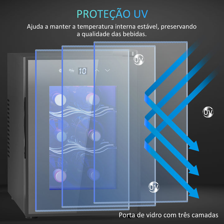 Cave de Vinho para 6 Garrafas com Luz LED Interior Ecrã Tátil Digital Controlo de Temperatura Porta de Vidro Temperado com Proteção UV e 2 Prateleiras Ajustáveis 26,5x51,5x39,3 cm Preto