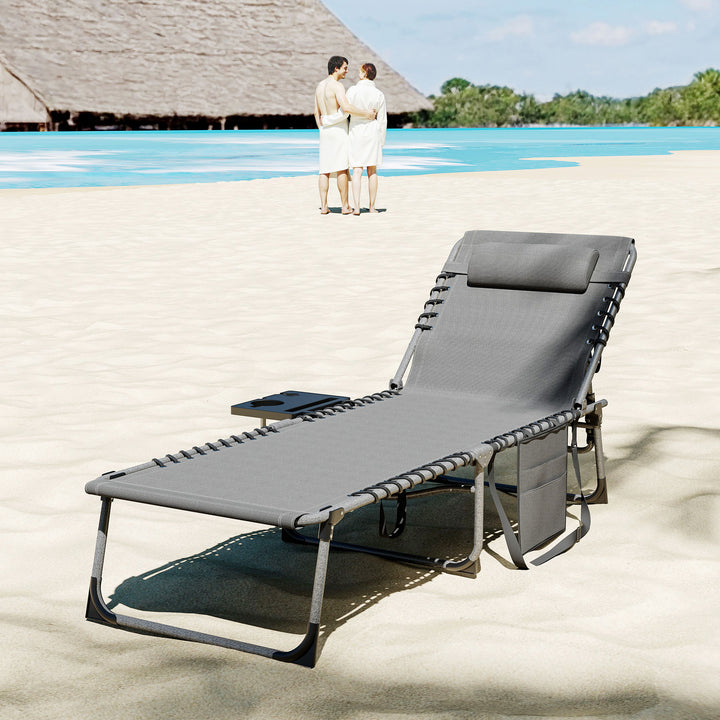 Espreguiçadeira Dobrável Espreguiçadeira Jardim com Encosto Ajustável Apoio de Cabeça Bolsa Lateral Bandeja e Estrutura de Aço Carga 120 kg para Terraço Piscina Praia 190x60x31 cm Cinza