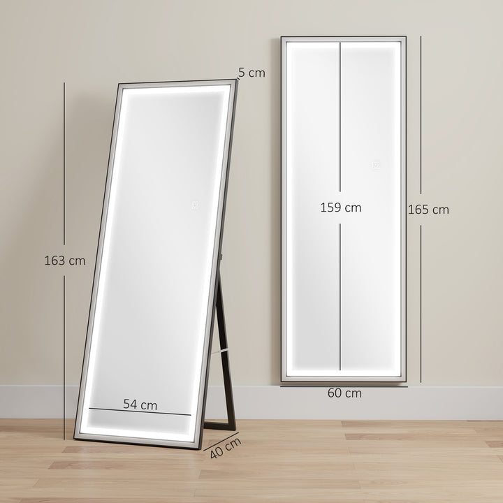 Espelho de Pé Espelho de Corpo Inteiro com Luzes 165x60 cm 3 Temperaturas de Cor Brilho Ajustável Independente ou de Parede para Quarto e Sala Branco e Preto