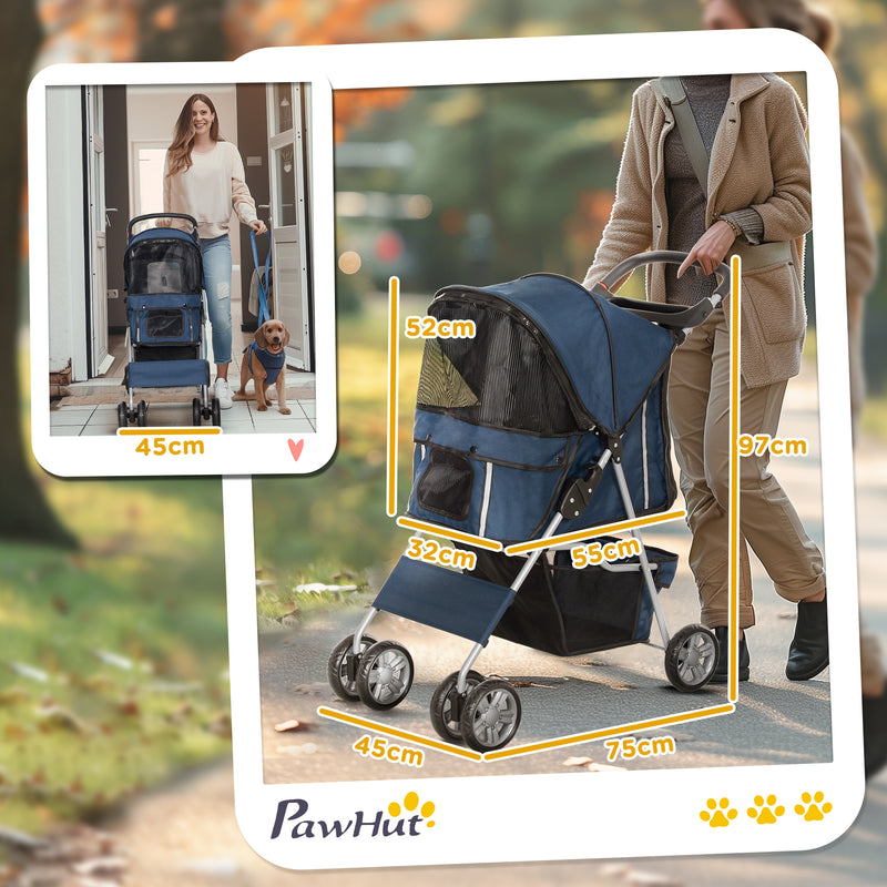 Carrinho de Passeio para Animais de Estimação Carrinho para Cães e Gatos Dobrável com Capô Ajustável Cesta de Armazenamento Suporte para Copos e Travão 75x45x97 cm Azul Escuro