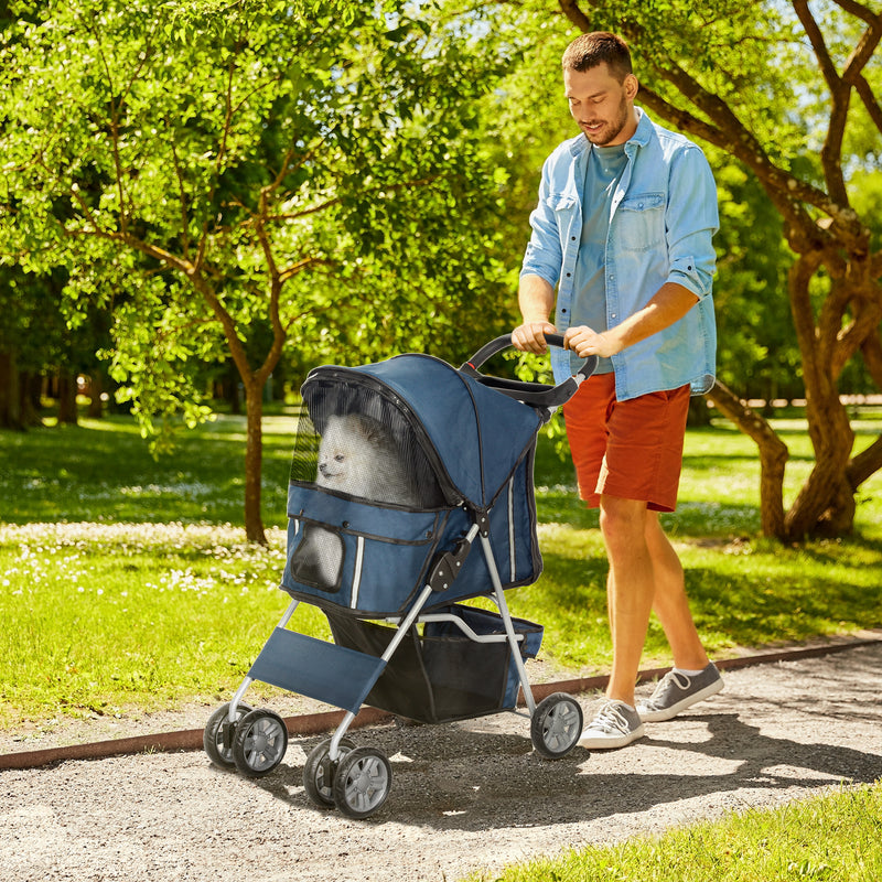 Carrinho de Passeio para Animais de Estimação Carrinho para Cães e Gatos Dobrável com Capô Ajustável Cesta de Armazenamento Suporte para Copos e Travão 75x45x97 cm Azul Escuro