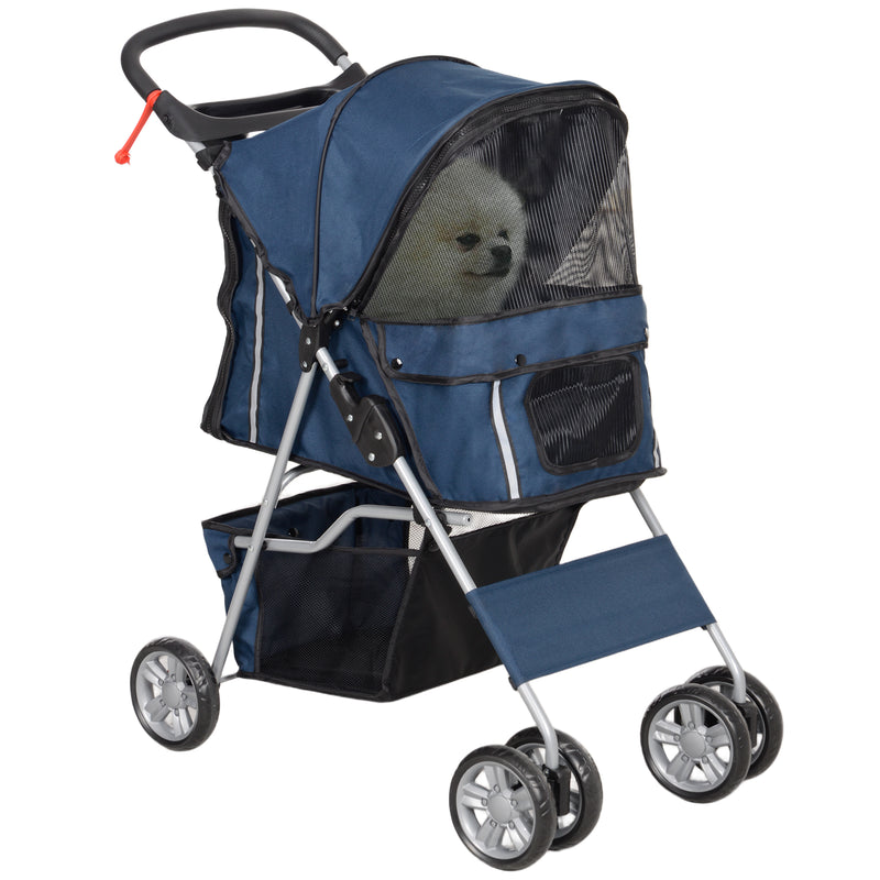 Carrinho de Passeio para Animais de Estimação Carrinho para Cães e Gatos Dobrável com Capô Ajustável Cesta de Armazenamento Suporte para Copos e Travão 75x45x97 cm Azul Escuro