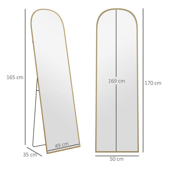 Espelho de Pé Espelho de Corpo Inteiro 50x170 cm Espelho de Parede com Estrutura de Liga de Alumínio e Suporte para Sala Quarto Banheiro Dourado