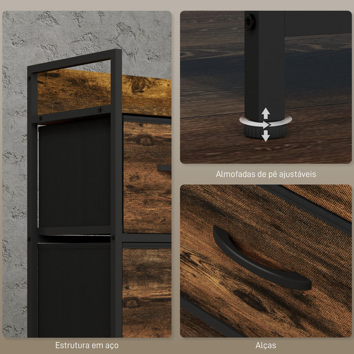 Cómoda com 5 Gavetas de Tecido Cómoda de Estilo Industrial com Estrutura Metálica para Sala de Estar Entrada Quarto 98x29x63 cm Castanho Rústico