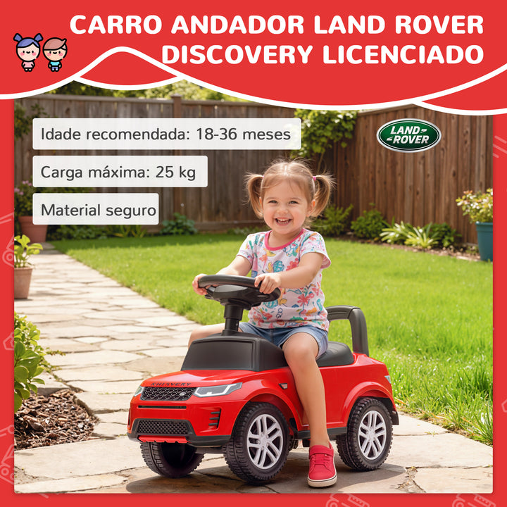 Carro Andador Infantil com Licença de Land Rover Carro Andador para Crianças de 18-36 Meses com Armazenamento Volante Buzina Sons de Motor 65,5x28x42 cm Vermelho