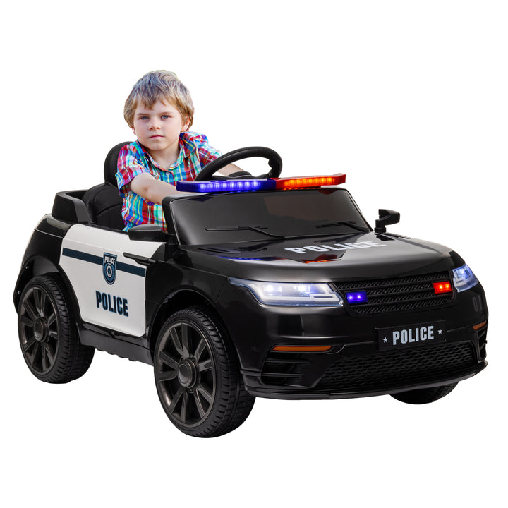 Carro Elétrico para Crianças acima de 3 Anos Carro Elétrico Infantil de Policia com Bateria 12V Controlo Remoto Farol Buzina Sirene Música e Roda de Treino 112x66x50 cm Preto