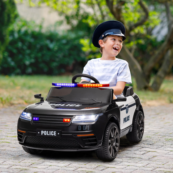 Carro Elétrico para Crianças acima de 3 Anos Carro Elétrico Infantil de Policia com Bateria 12V Controlo Remoto Farol Buzina Sirene Música e Roda de Treino 112x66x50 cm Preto