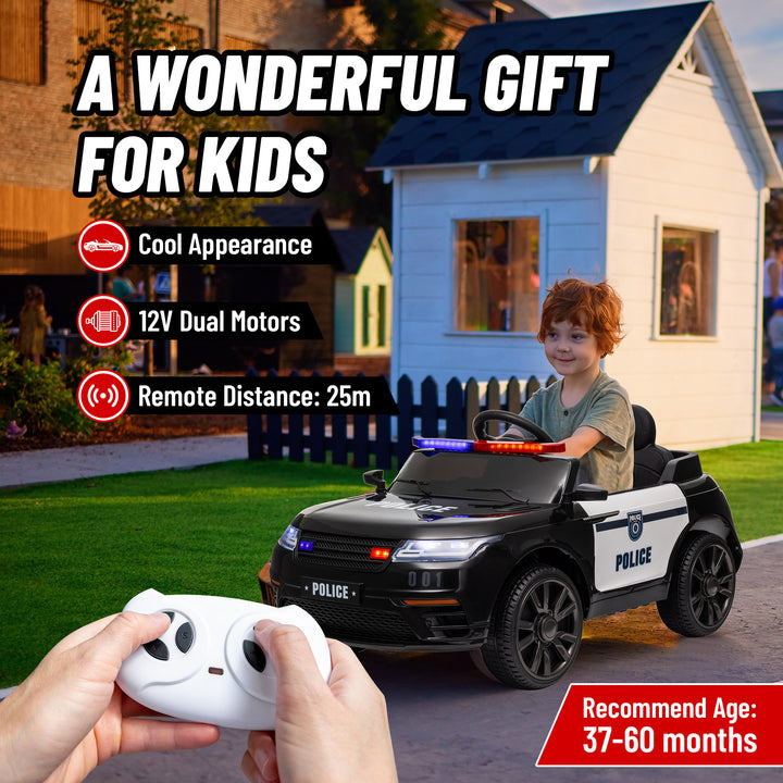 Carro Elétrico para Crianças acima de 3 Anos Carro Elétrico Infantil de Policia com Bateria 12V Controlo Remoto Farol Buzina Sirene Música e Roda de Treino 112x66x50 cm Preto