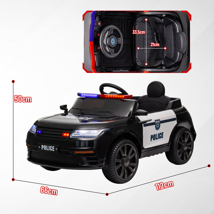 Carro Elétrico para Crianças acima de 3 Anos Carro Elétrico Infantil de Policia com Bateria 12V Controlo Remoto Farol Buzina Sirene Música e Roda de Treino 112x66x50 cm Preto