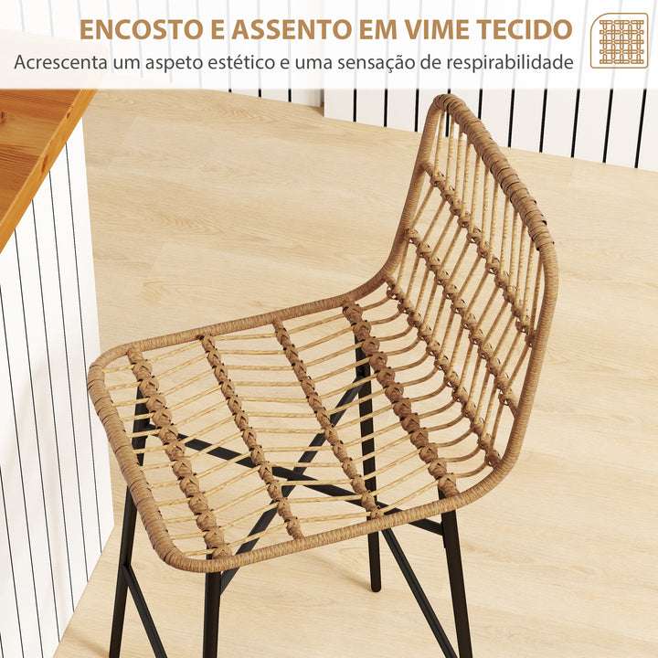 Conjunto de 2 Bancos Altos de Cozinha Bancos de Bar com Encosto e Assento em Vime Sintético Carga 120 kg Bancos de Bar Modernos para Cozinha Sala de Jantar 43x56x101 cm Marrom Claro