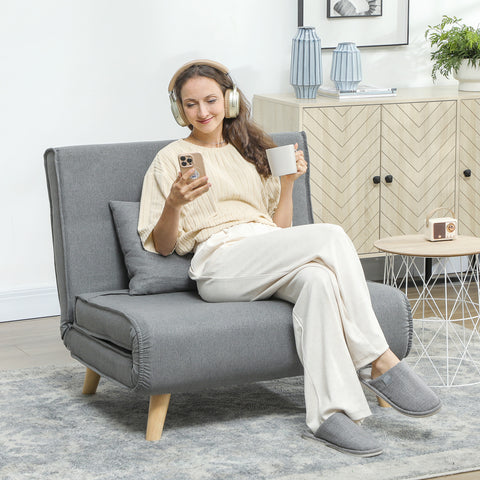 Poltrona 2 em 1 Sofá Cama Individual Dobrável com Encosto Ajustável e Almofada para Sala de Estar Dormitório Escritório Carga 125 kg 90x78x79 cm Cinza