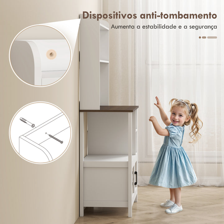 Armário de Cozinha Alto Móvel Auxiliar de Cozinha com 6 Ganchos para Chávenas 2 Portas de Vidro Prateleiras Abertas 80x40x152 cm Branco