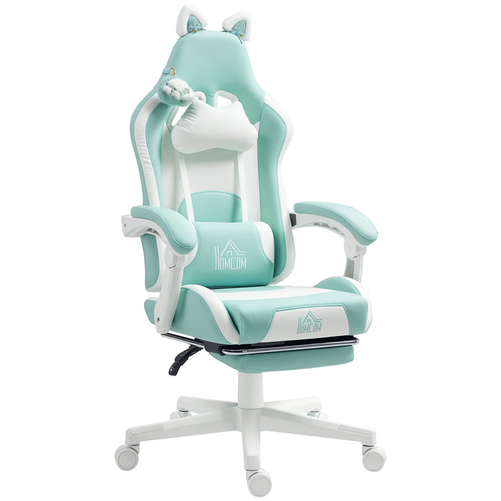 Cadeira Gaming com Orelhas Cadeira Gamer Reclinável com Altura Ajustável Apoio para os Pés Retrátil Suporte Lombar e Apoio para a Cabeça Desmontável Cadeira para Escritório 65x62x116-124 cm Azul