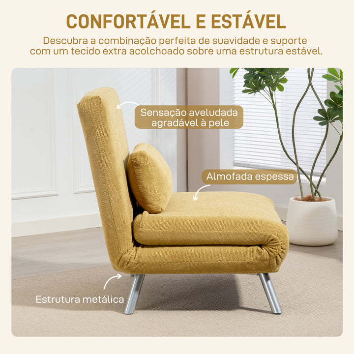 Sofá Cama de 1 Lugar 3 em 1 Sofá Dobrável Estofado em Tecido Amarelo Mesclado com Encosto Ajustável em 5 Níveis e Almofada para Escritório Quarto Sala 80x75x83 cm