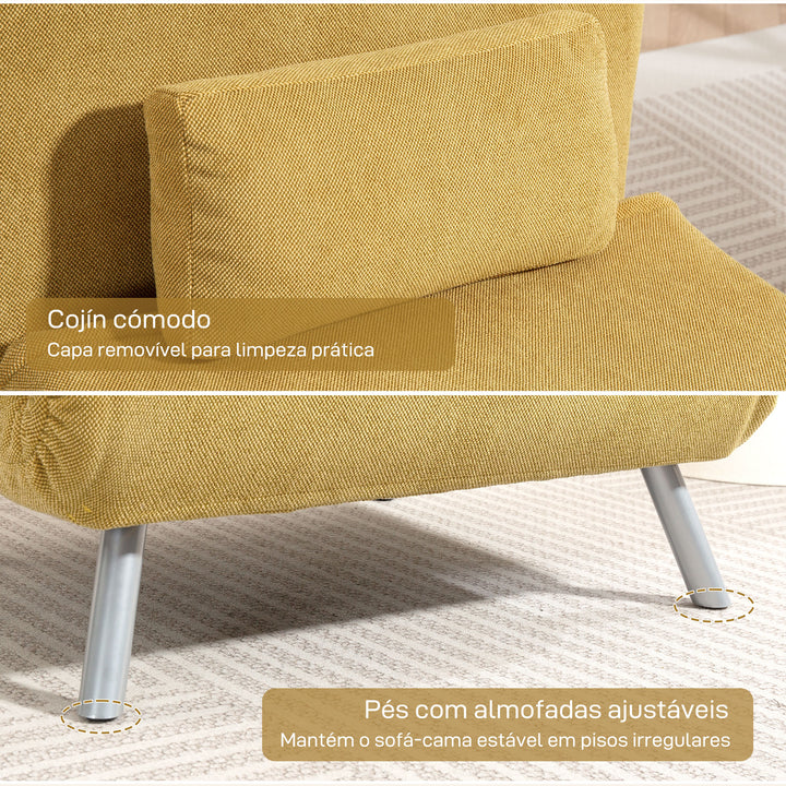 Sofá Cama de 1 Lugar 3 em 1 Sofá Dobrável Estofado em Tecido Amarelo Mesclado com Encosto Ajustável em 5 Níveis e Almofada para Escritório Quarto Sala 80x75x83 cm