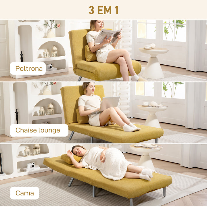 Sofá Cama de 1 Lugar 3 em 1 Sofá Dobrável Estofado em Tecido Amarelo Mesclado com Encosto Ajustável em 5 Níveis e Almofada para Escritório Quarto Sala 80x75x83 cm