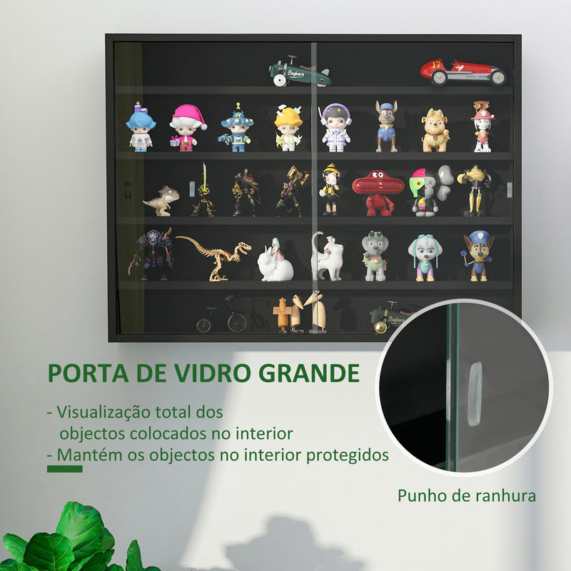 Vitrine de Parede de Madeira com Prateleiras Ajustáveis e 2 Portas Corredeiras de Vidro para Coleções Perfumes Bonecos de Decoração 80x9,5x60cm Preto