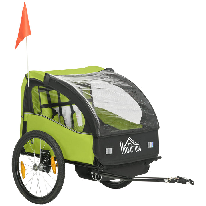 Reboque de Bicicleta para Crianças acima de 18 Meses Reboque de Bicicleta com 2 Lugares com Cinto de Segurança Espaço de Armazenamento e Sistema de Amortecimento 140x88x90 cm Verde