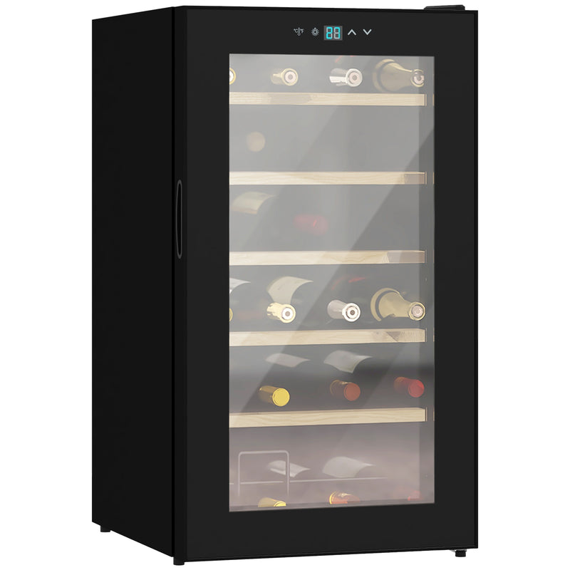 Cave de Vinho para 24 Garrafas Cave de Vinho 65L com Luz LED Interior Ecrã Tátil Digital Contolo de Temperatura Porta de Vidro e 5 Prateleiras de Metal Preto