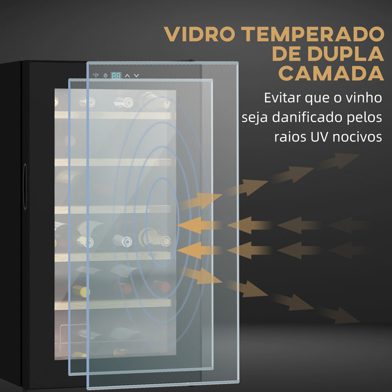 Cave de Vinho para 24 Garrafas Cave de Vinho 65L com Luz LED Interior Ecrã Tátil Digital Contolo de Temperatura Porta de Vidro e 5 Prateleiras de Metal Preto