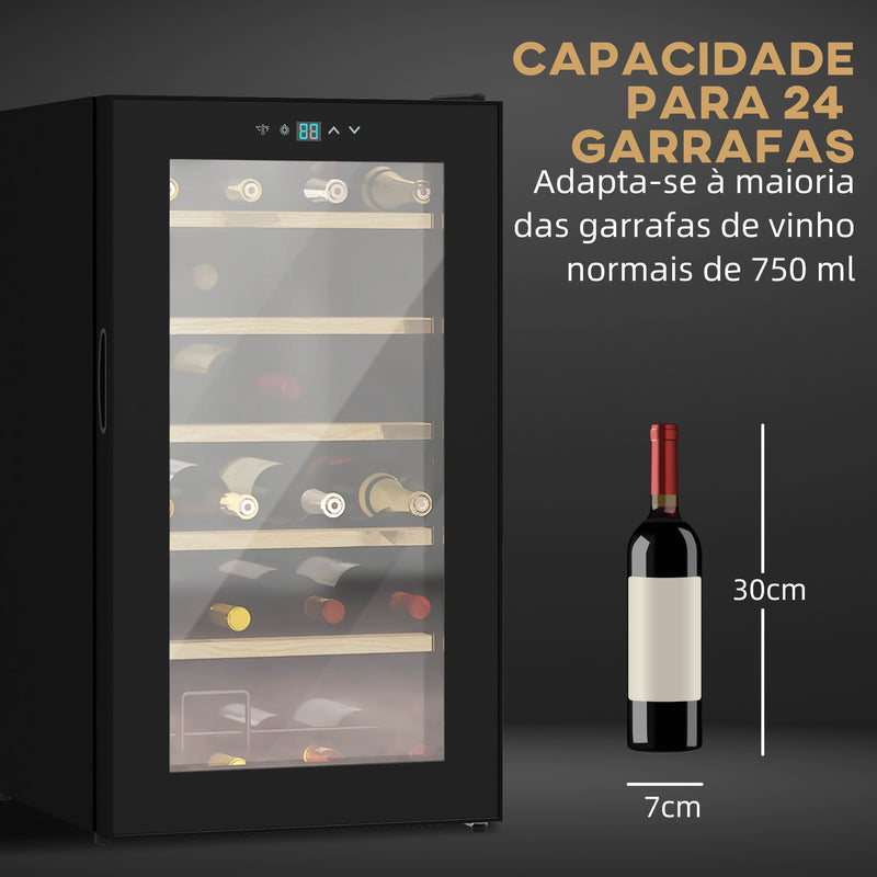 Cave de Vinho para 24 Garrafas Cave de Vinho 65L com Luz LED Interior Ecrã Tátil Digital Contolo de Temperatura Porta de Vidro e 5 Prateleiras de Metal Preto