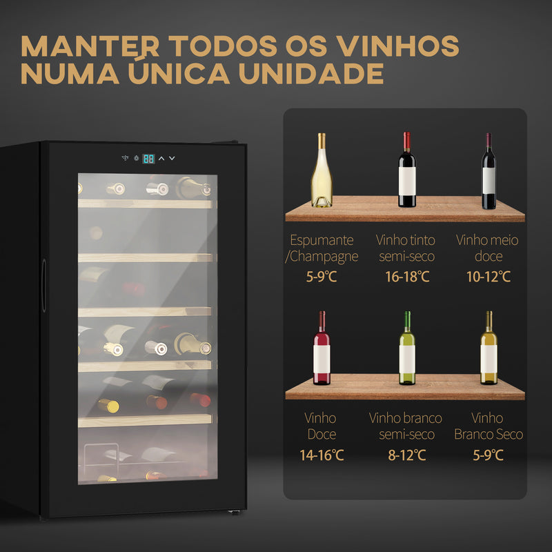 Cave de Vinho para 24 Garrafas Cave de Vinho 65L com Luz LED Interior Ecrã Tátil Digital Contolo de Temperatura Porta de Vidro e 5 Prateleiras de Metal Preto