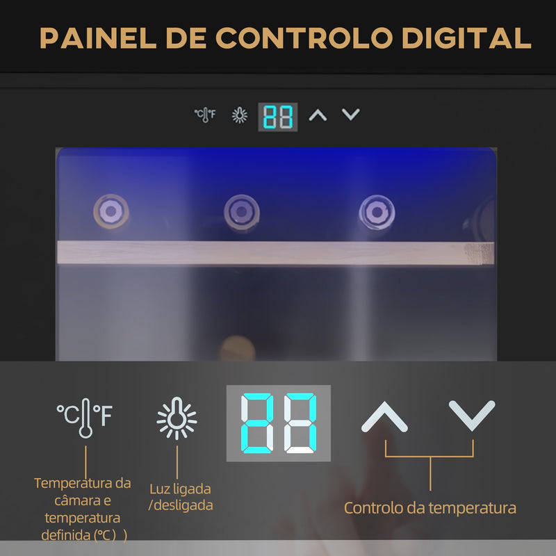 Cave de Vinho para 24 Garrafas Cave de Vinho 65L com Luz LED Interior Ecrã Tátil Digital Contolo de Temperatura Porta de Vidro e 5 Prateleiras de Metal Preto