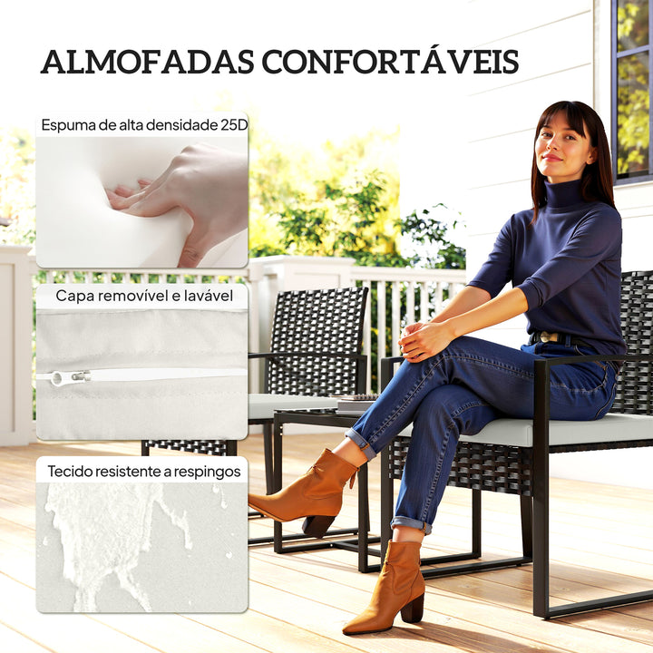 Conjunto de Móveis de Exterior de 3 Peças Conjunto de Jardim em Vime PE com Cadeiras Mesa de Vidro Temperado e Almofadas Móveis para Balcão Marrom Escuro e Creme